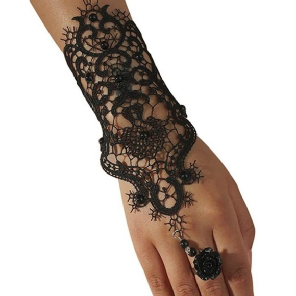 Goth Punk Style Bracelet Flower Ring In Black - Picture 3 of 6